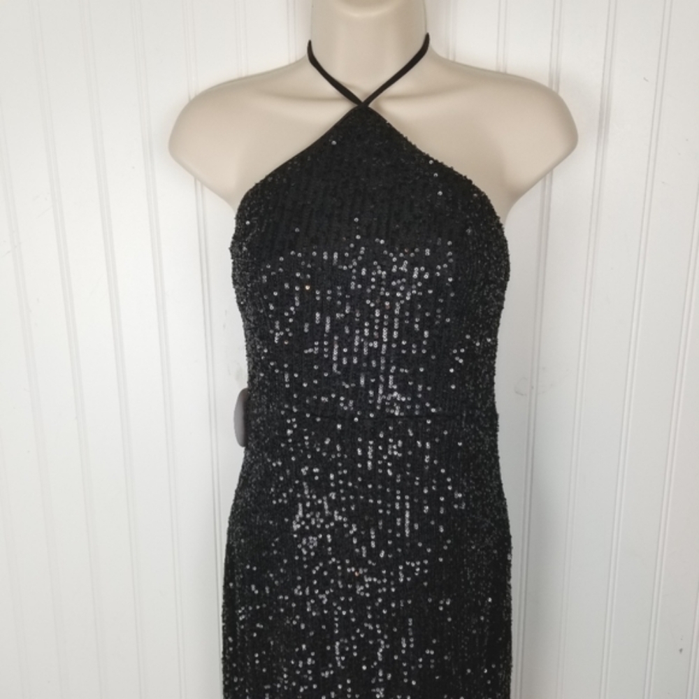Maniju Halter Neck Sequin Side Slit Maxi Dress Black Prom Small NWT Style UN2132 - Picture 3 of 14